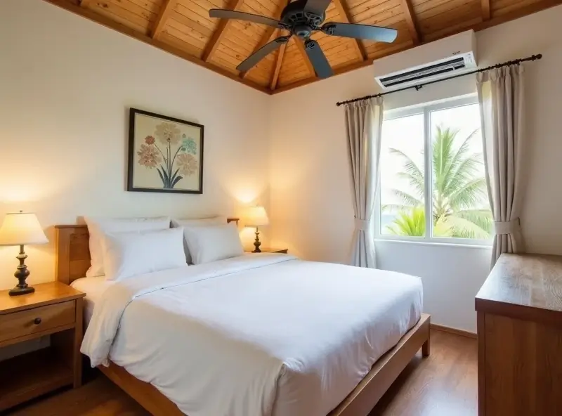 Comfortable budget guesthouse bedroom with ceiling fan and tropical decor in the Maldives