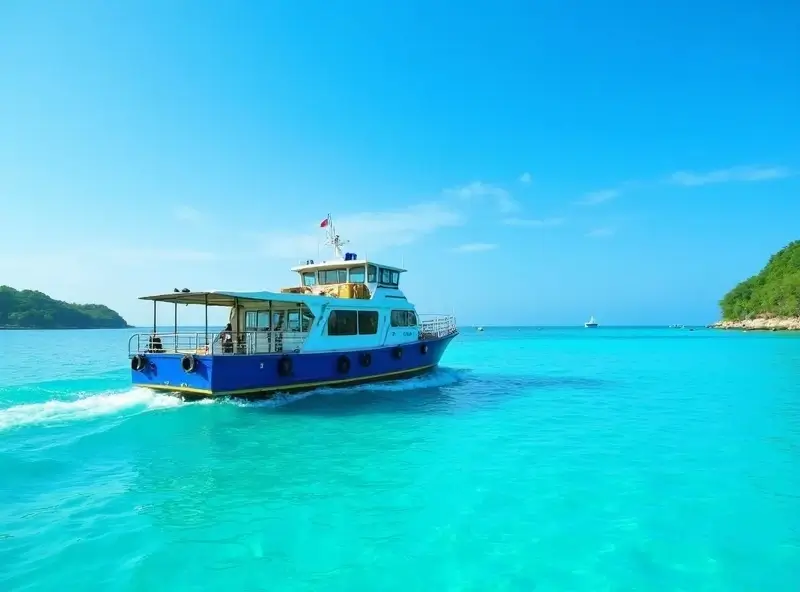 A traditional blue Maldivian boat traveling through the clear ocean for island hopping