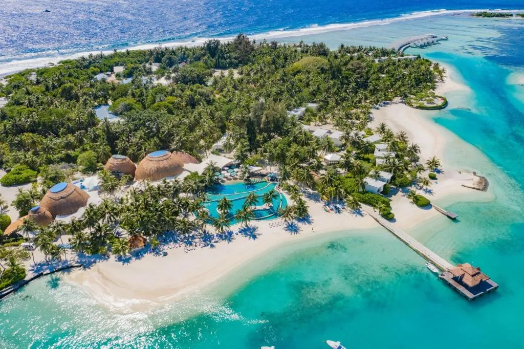 Aerial perspective of Guraidhoo island highlighting local Maldivian life and nature