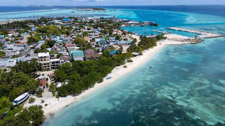 Bird's-eye view of Himmafushi island, offering affordable holidays in the Maldives