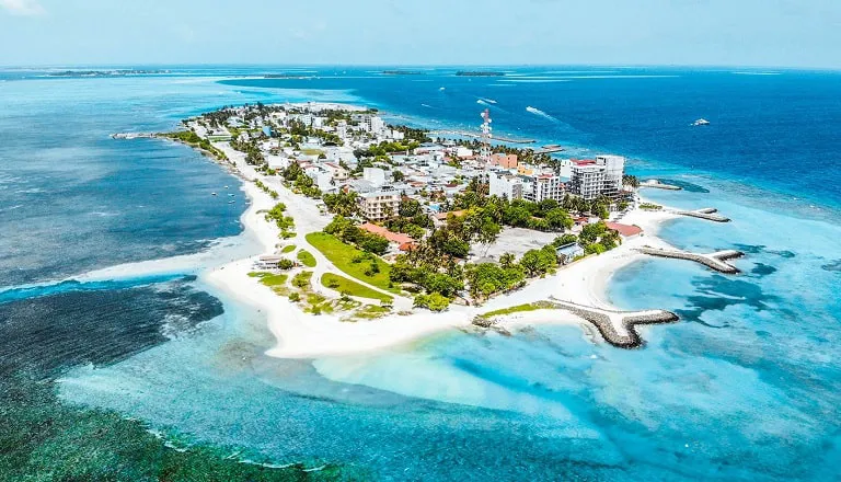 Bird's-eye view of Maafushi island, a popular budget destination in the Maldives